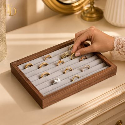 Wooden Jewelry Organizer Tray with Padded Ring Slots