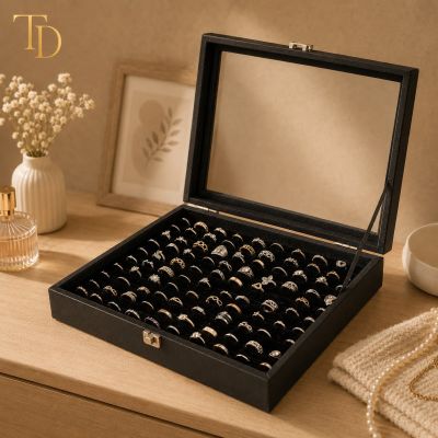 Ring & Jewelry Organizer Display Box with Clear Lid &ndash; Black