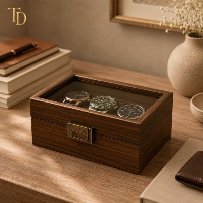 Watch Organizer & Display Box with Clear Lid &ndash; Brown Wood-Look Design