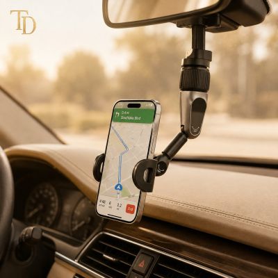 Adjustable Rearview Mirror Car Phone Holder &ndash; Black