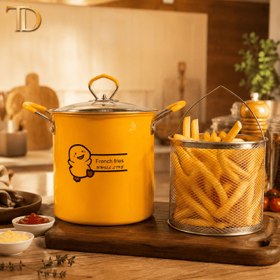 French Fries Frying Pot with Removable Strainer Basket & Lid &ndash; Yellow