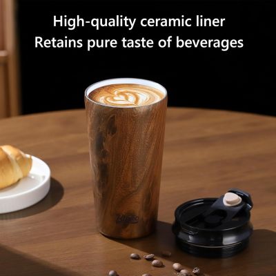 كوب قهوة معزول من الفولاذ المقاوم للصدأ طلاء داخلي من السيراميك من Bincoo، كوب قهوة معزول للسفر مع غطاء، مقاوم للانسكاب