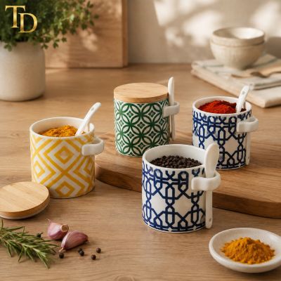 طقم علب بهارات سيراميك بغطاء خشبي وملعقة &ndash; 4 قطع