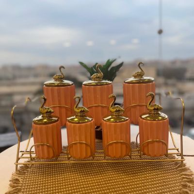 طقم توابل سيراميك مع حامل ذهبي - 7 ق