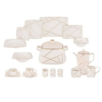 طقم عشاء بورسلين لوتس دريم، 62 قطعة - ابيض ذهبي