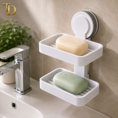 2-Tier Wall-Mounted Soap Holder with Suction Cup &ndash; White