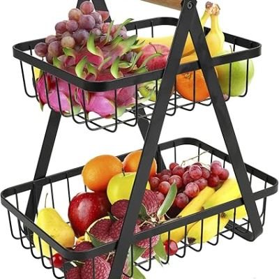 2 تخزين الفاكهة بطبقتين - سطح معدني للفاكهة على شكل سلة فواكه على شكل حديث - يحافظ على الفواكه والخبز طازجة- حامل فاكهة الفاكهة رف / حامل الموز لتخزين المطبخ، أسود Dollars for import كود B092W487SF