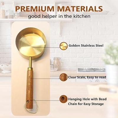 معالق معياري بلون ذهبي من الفولاذ المقاوم للصدأ بمقبض خشبي مناسب للمطبخ والطعام والسوائل والخبز،  Dollars for import كود 	B0CBMFM39R