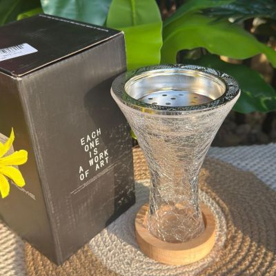 مبخرة زجاج مع قطعة استانلس وكوستر خشب  