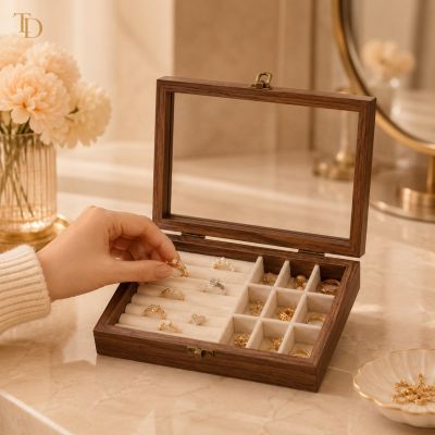 Wooden Jewelry Organizer Box with Clear Lid