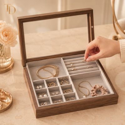 Wooden Multi-Compartment Jewelry Organizer Box with Clear Lid