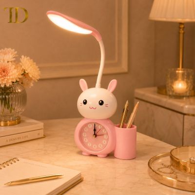 Cute Bunny LED Desk Lamp with Clock & Pen Holder